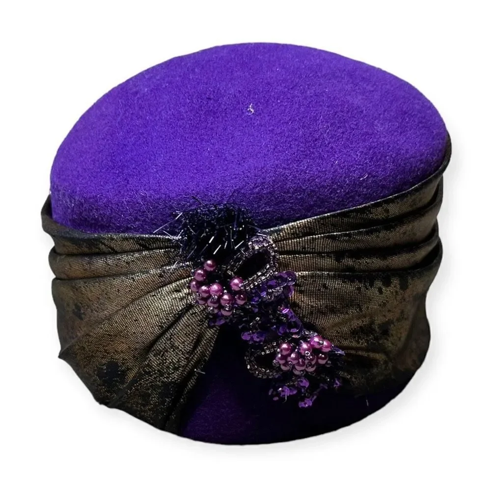 Vintage Purple Wool Pillbox Hat Rhinestones Satin Wrap 1960s Jackie O Aesthetic - Picture 10 of 10
